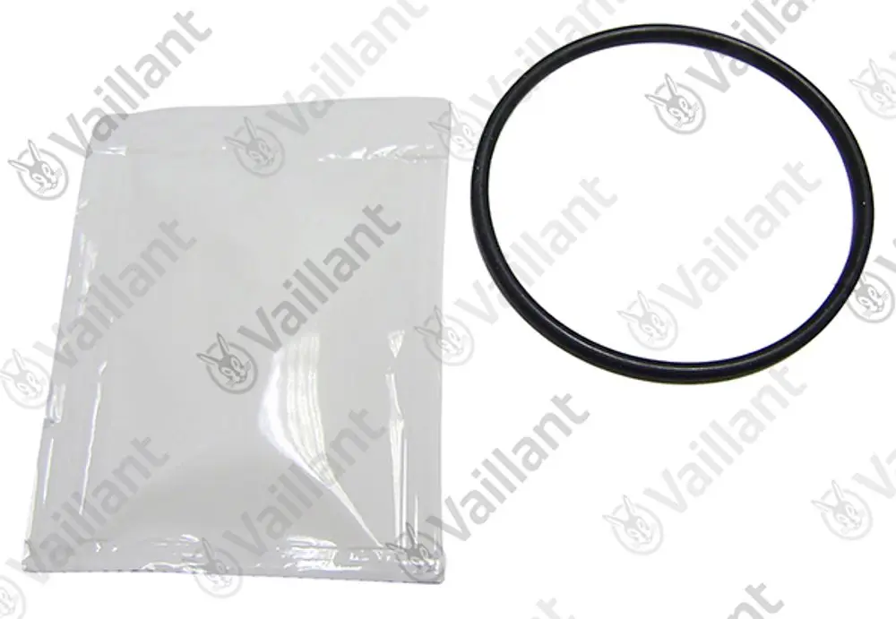 Schwarzer O-Ring sowie eine transparente Verpackung, beide mit dem Logo von Vaillant, auf einem weißen Hintergrund.